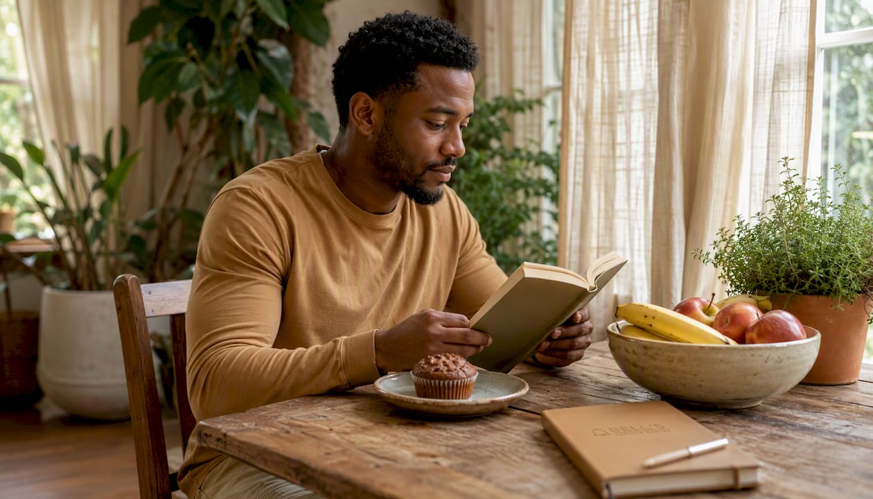 Man mindfully eating snack at home office desk