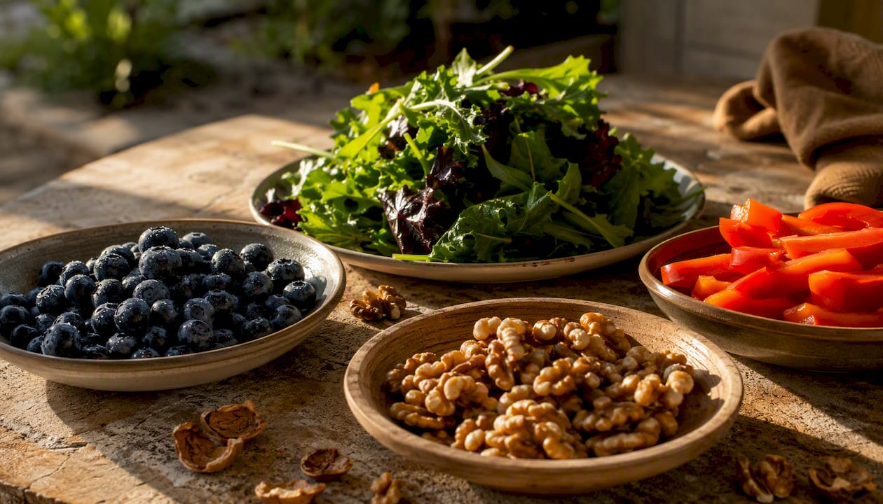 Antioxidant rich foods on wooden board
