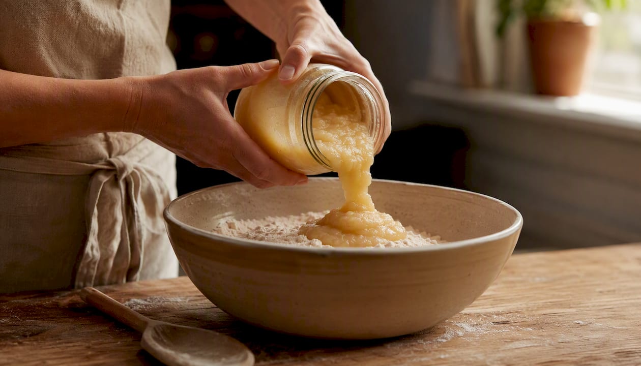 Pouring applesauce into baking mix bowl