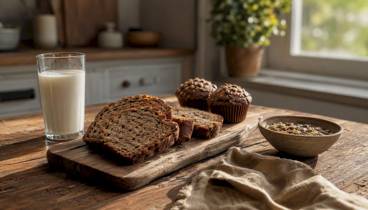 Protein rich breakfast baked goods on wooden table