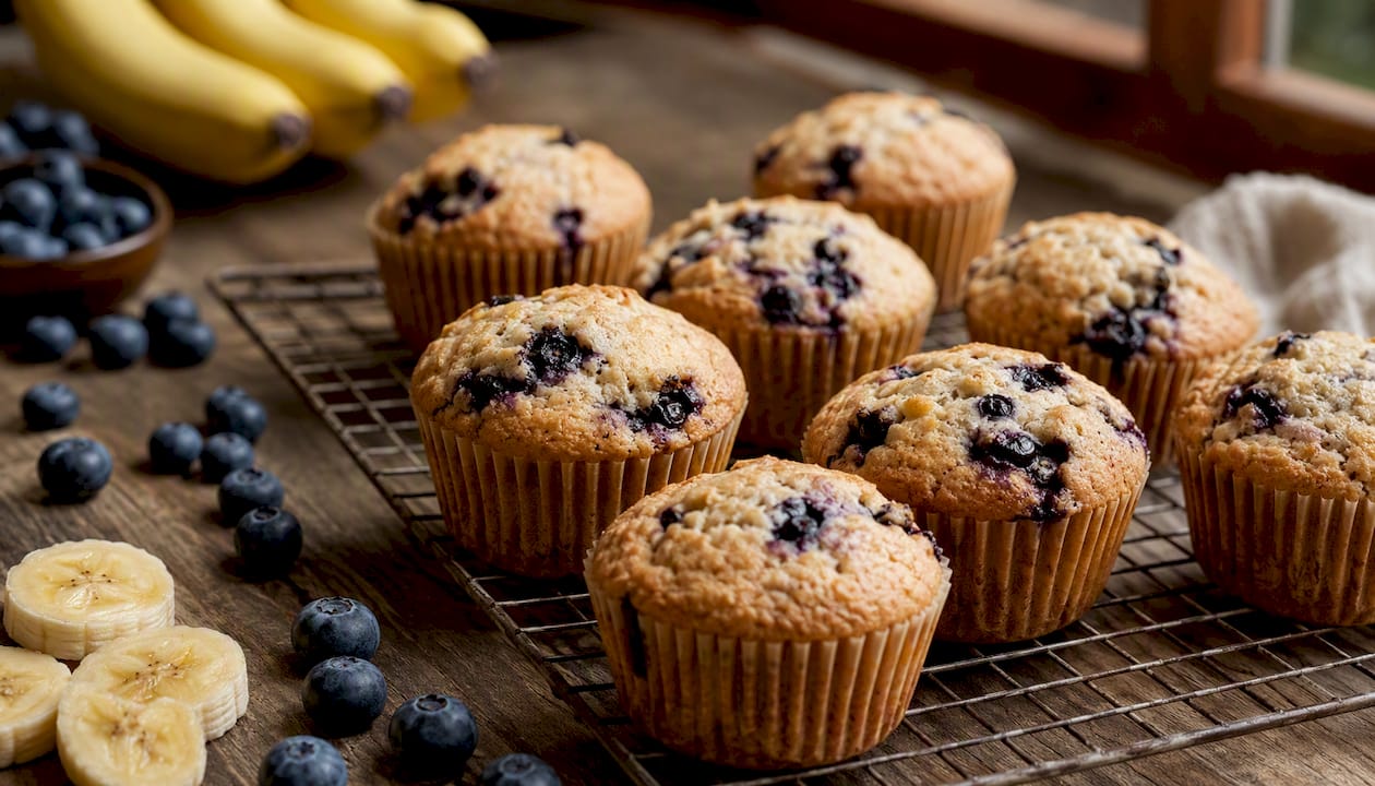 Blueberry and banana muffins cooling on wire rack