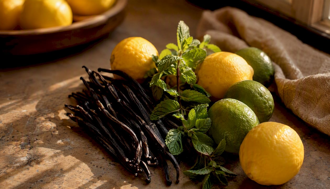 Vanilla pods and citrus fruits on counter