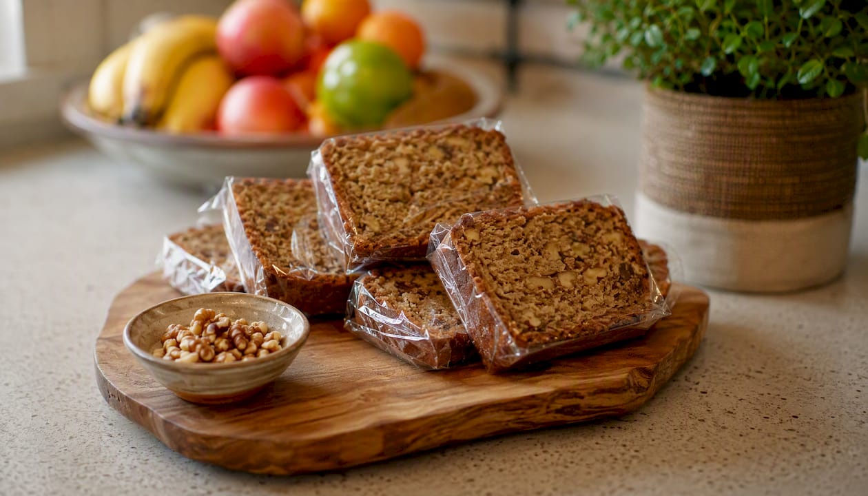 Wrapped banana bread slices ready for work snacks