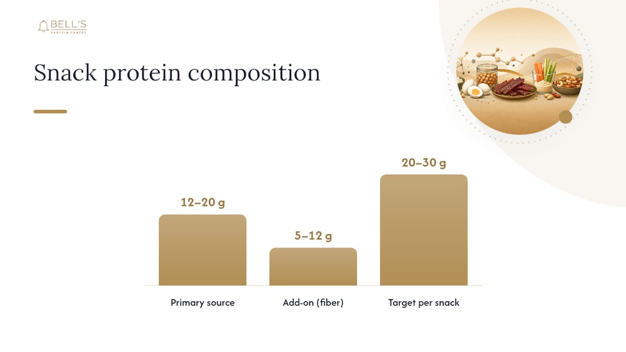 Diagram showing protein and fiber snack pairing for 20-30g protein