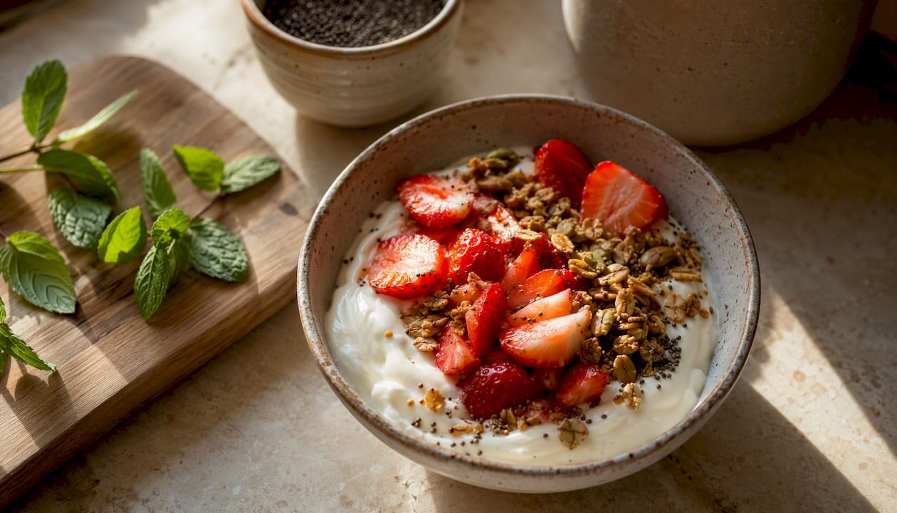 Greek yogurt bowl with nuts and berries