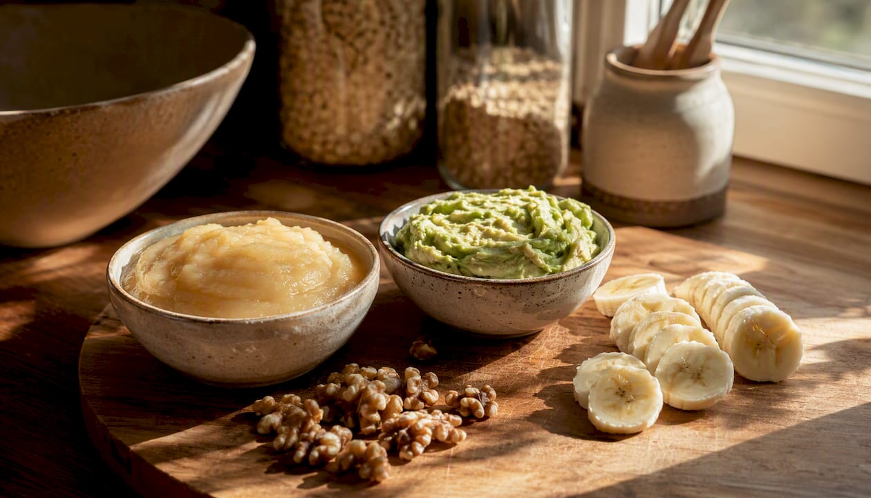 Bowls of applesauce and mashed avocado with walnuts