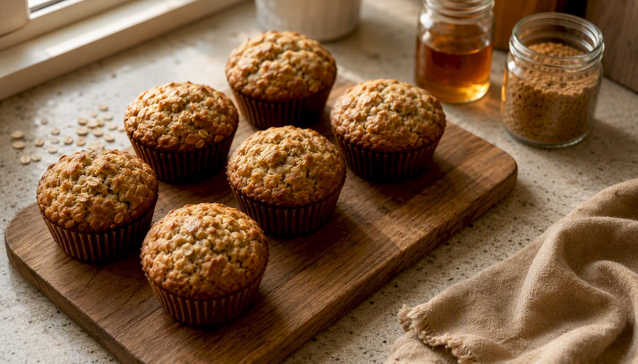 Fresh muffins cooling with natural sweeteners nearby