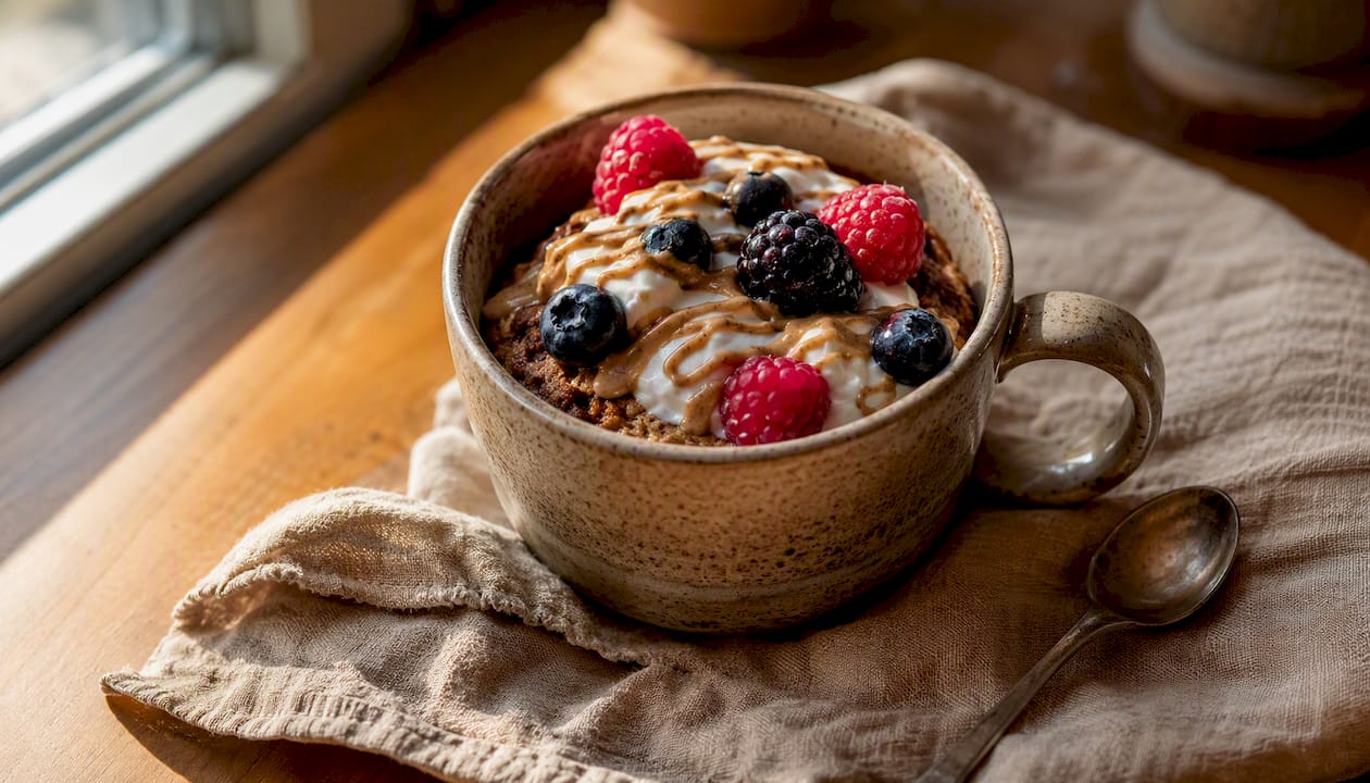 Protein mug cake with yogurt and berries topping