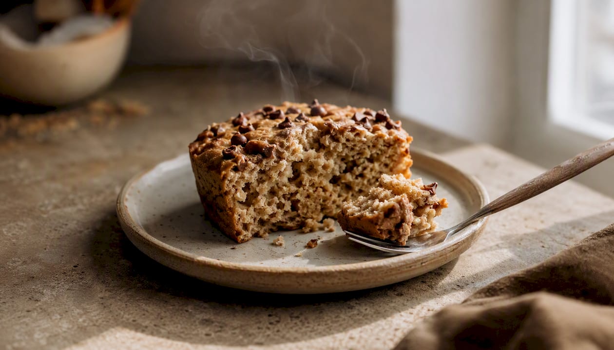 Moist protein mug cake slice showing tender crumb
