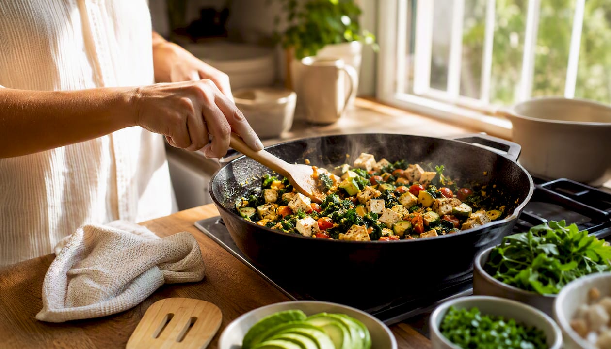 Hands stirring plant-based tofu scramble for breakfast