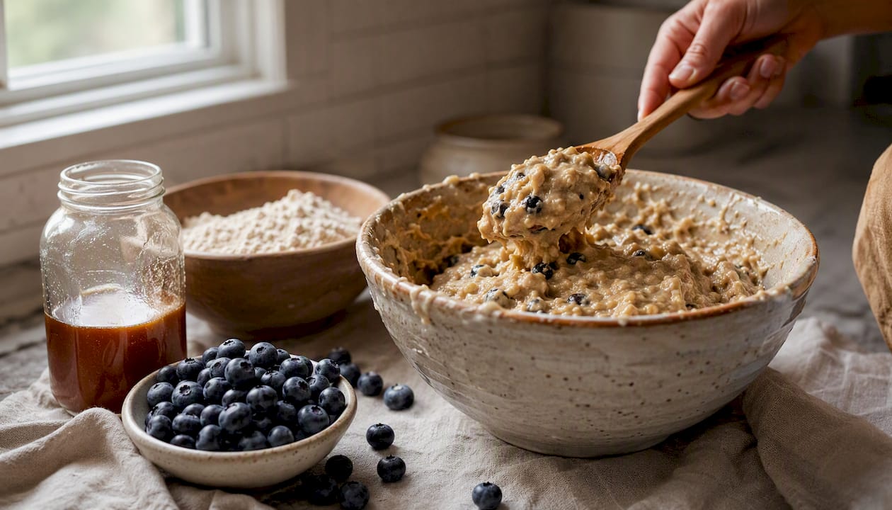 Batter and healthy baking ingredients on kitchen counter