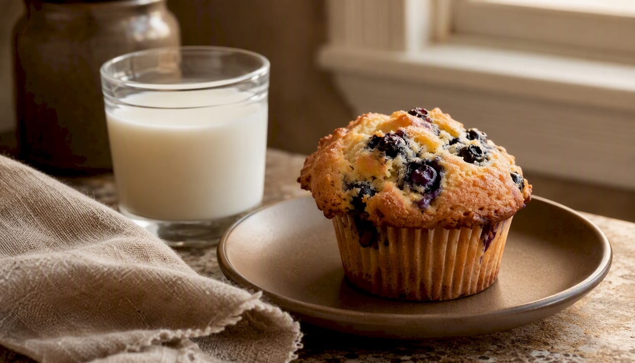 Protein-rich blueberry muffin served on plate