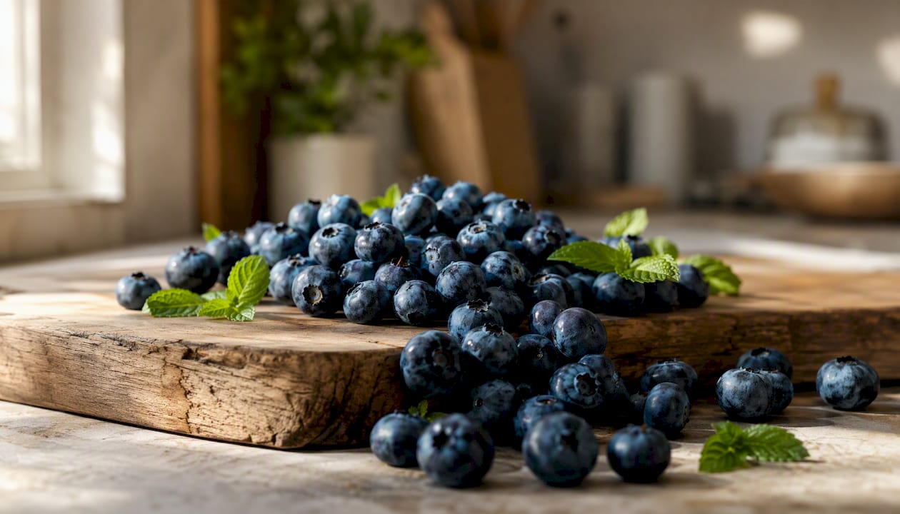 Close-up of fresh blueberries in rustic bowl