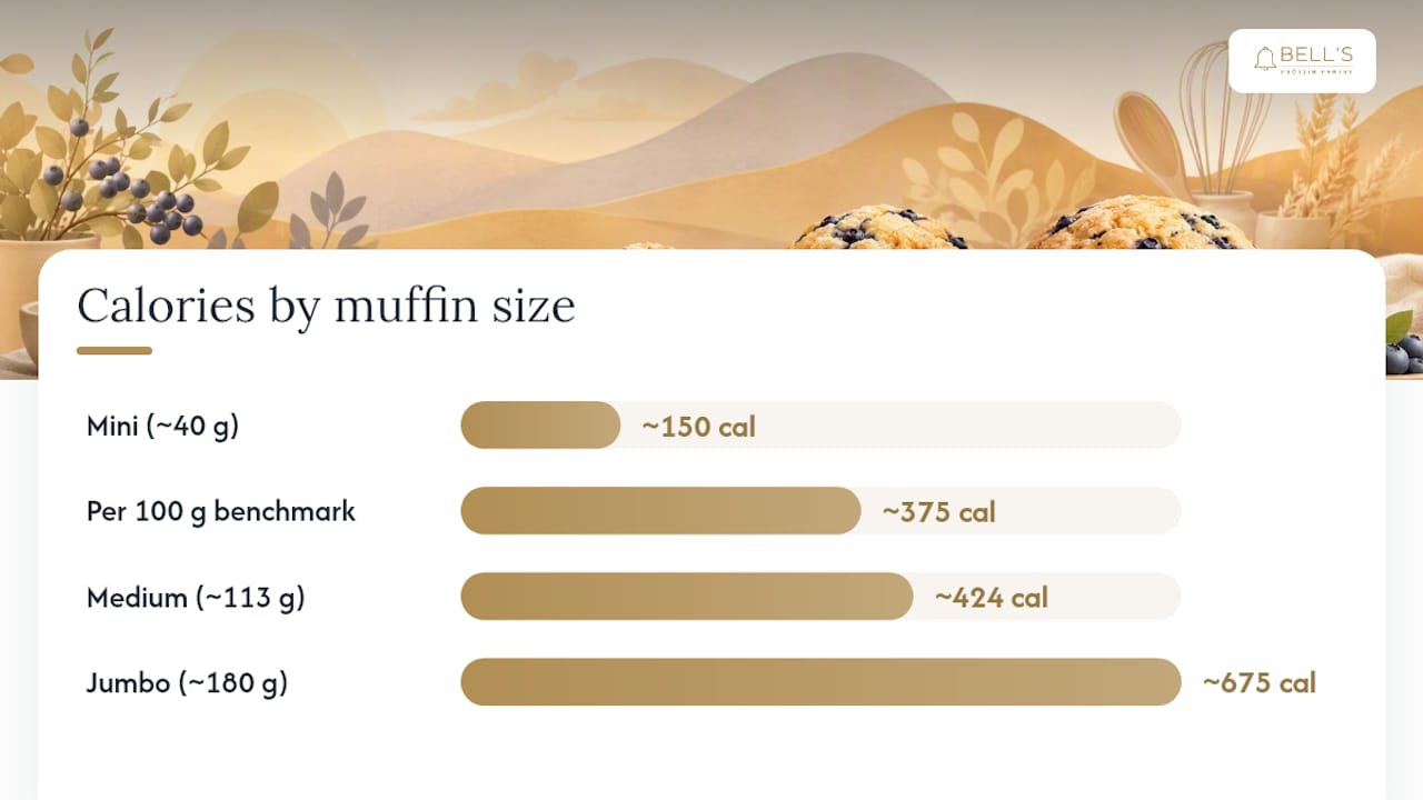 Comparison diagram of blueberry muffin calories and nutrition by size