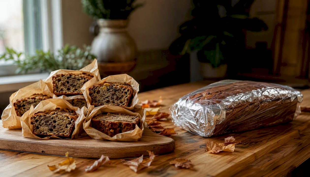 Sliced versus whole banana bread wrapped for freezing