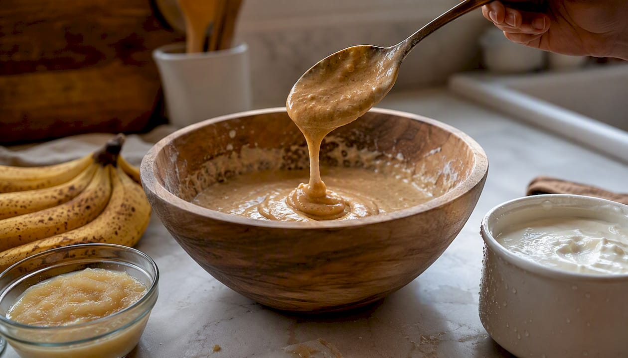 Spoon adding nut butter to batter bowl