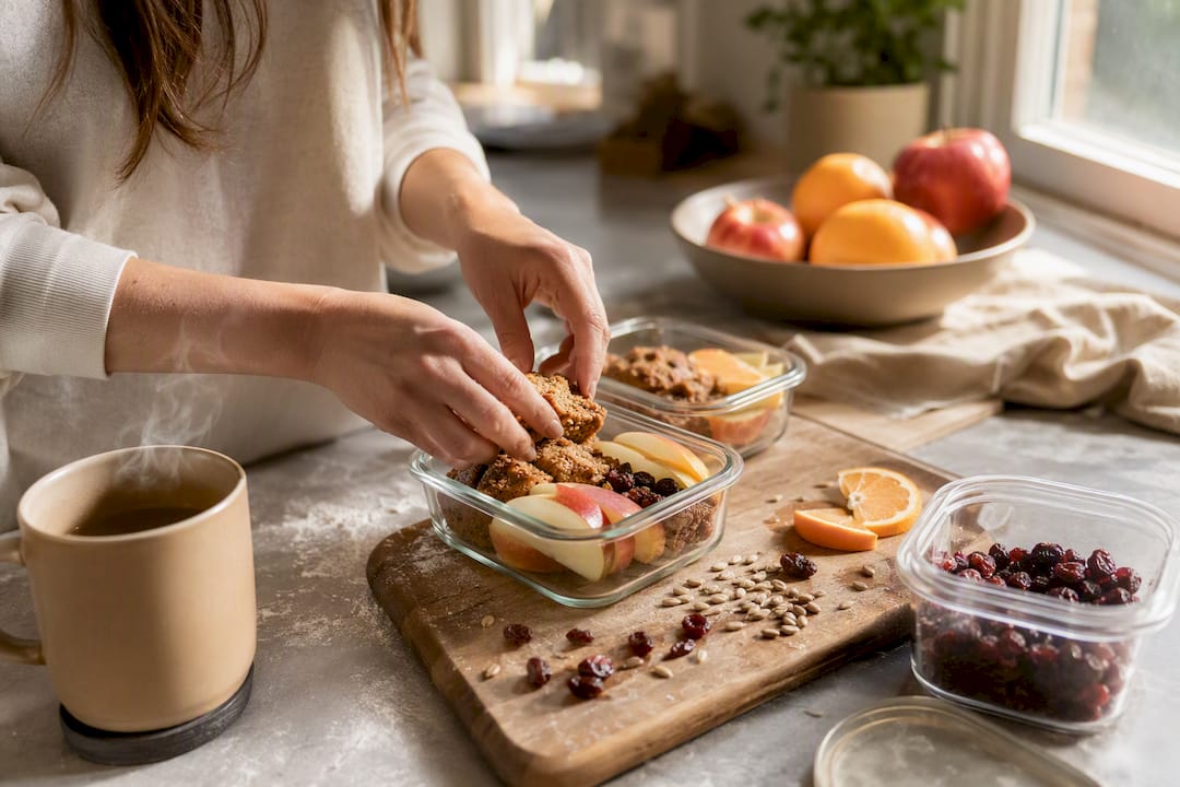 Hands packing high-protein snacks into containers