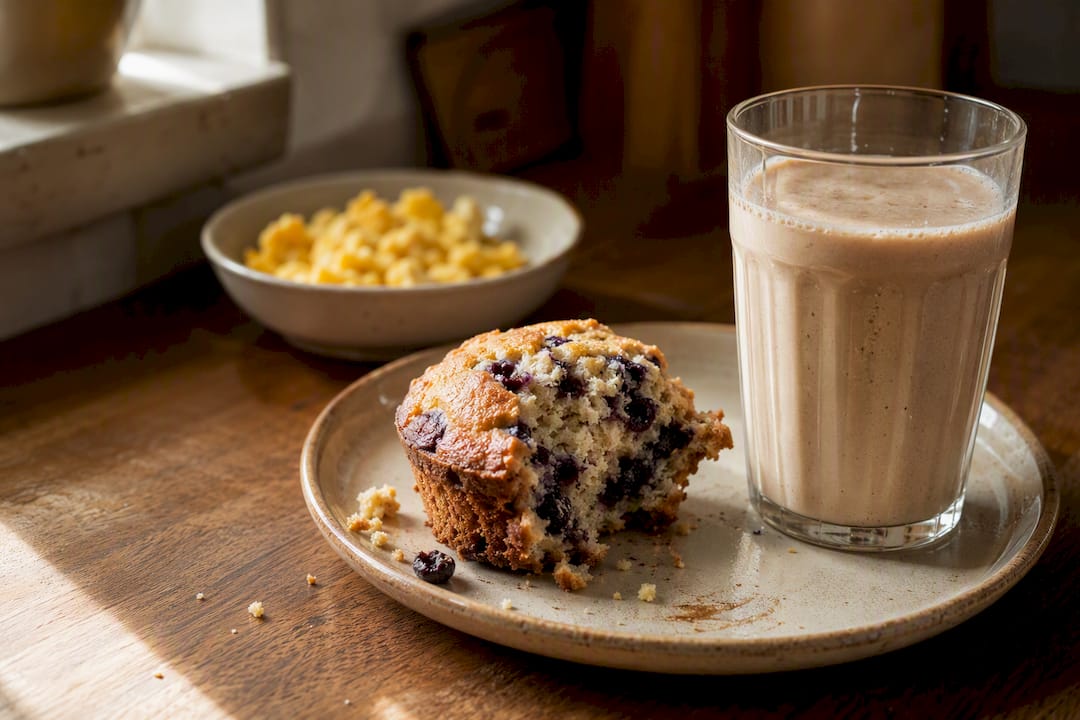 Blueberry muffin paired with protein shake and eggs