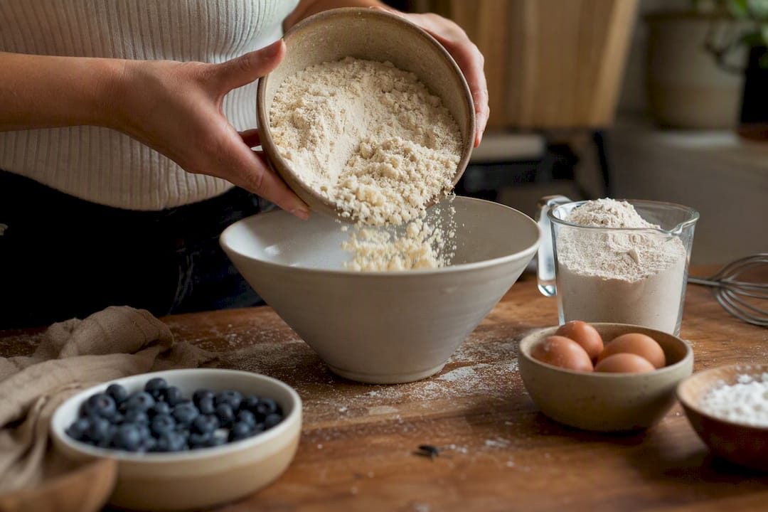 Hands adding almond flour to muffin batter