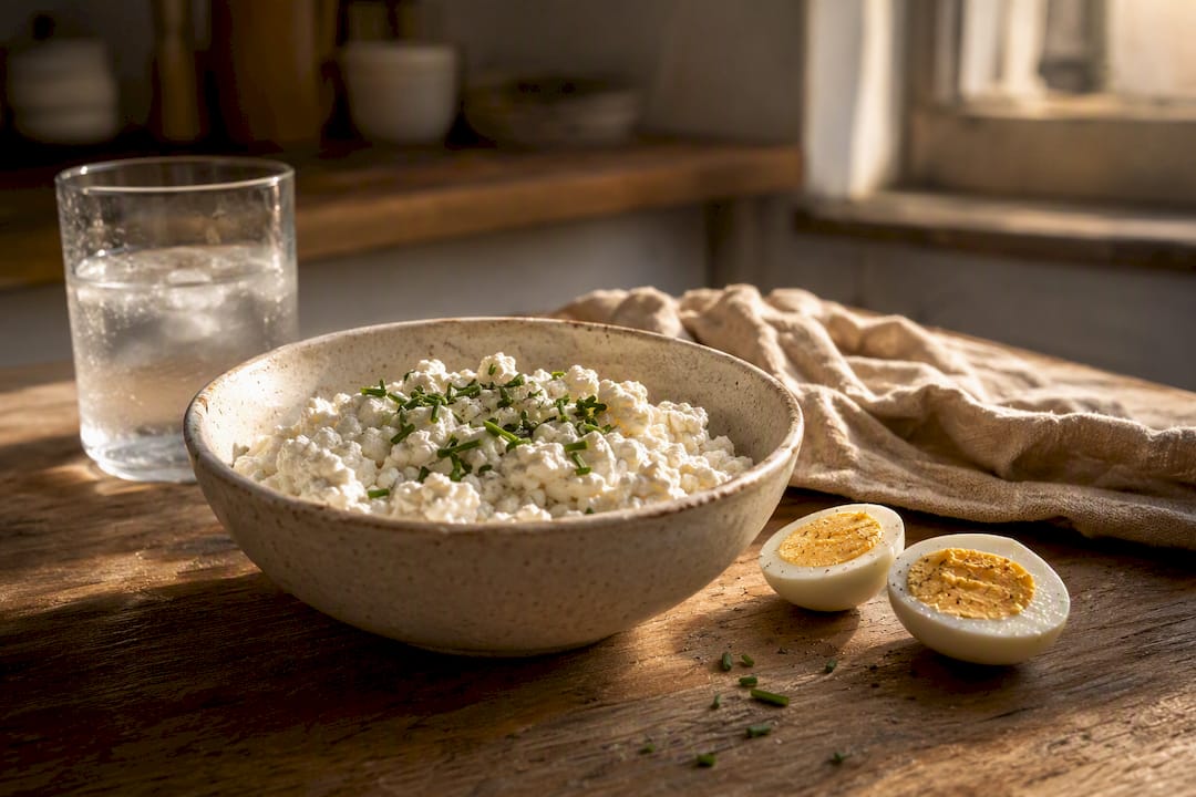 Cottage cheese and hard-boiled eggs on wood table