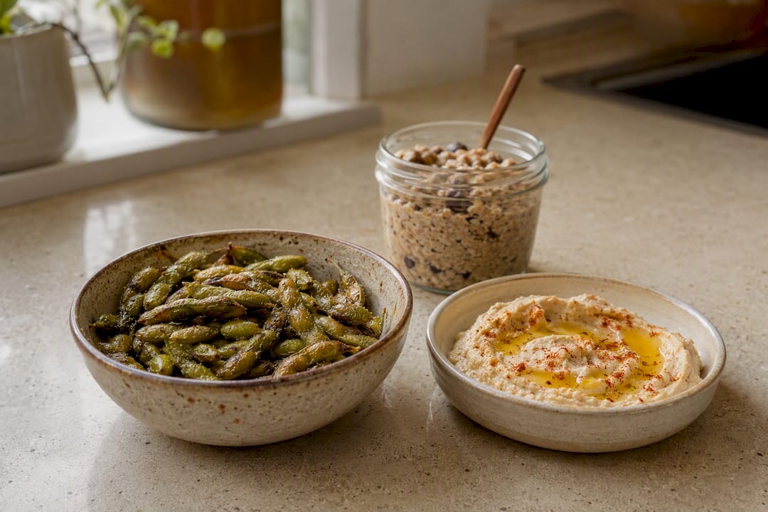 Plant-based protein snacks with edamame and hummus