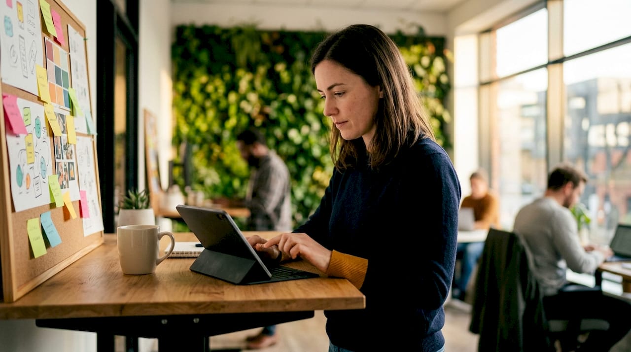 Selbstständige arbeitet im Coworking-Space mit ihrem Tablet