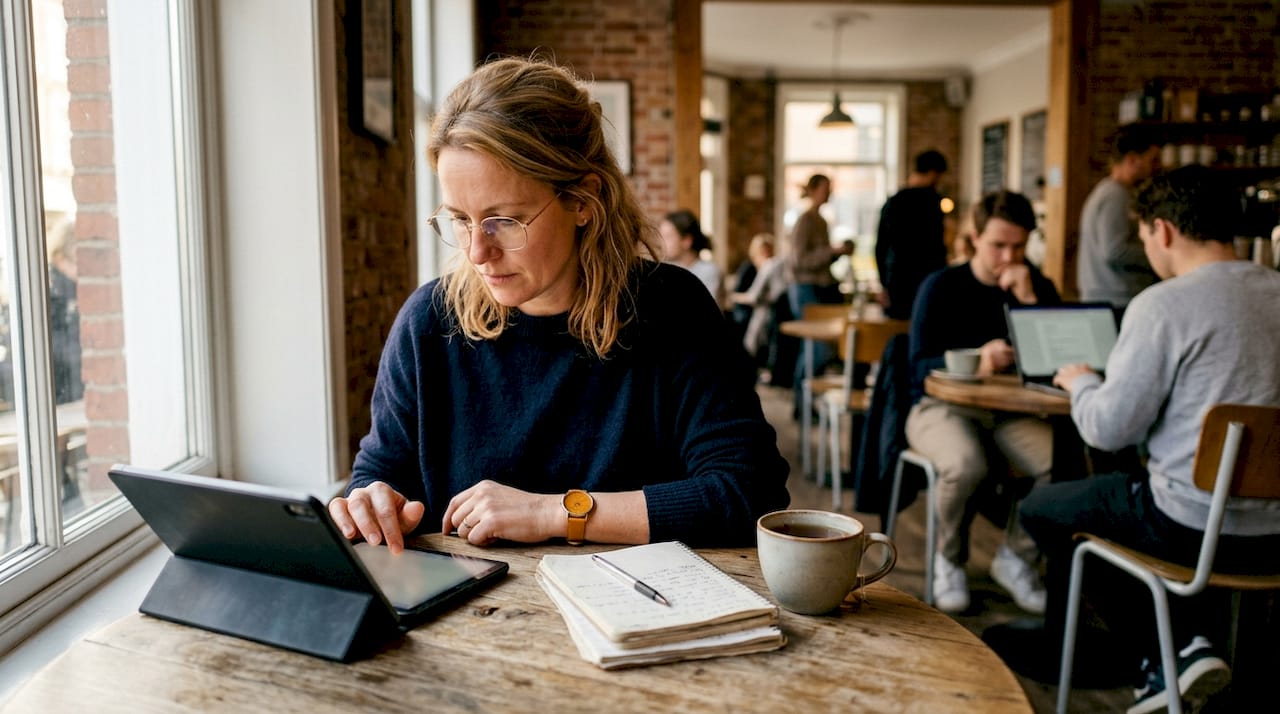 Eine Frau sitzt am Schreibtisch und macht sich Notizen auf ihrem Tablet.