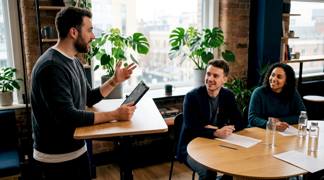 Das Team tauscht sich über die optimale E-Mail-Marketing-Strategie aus.