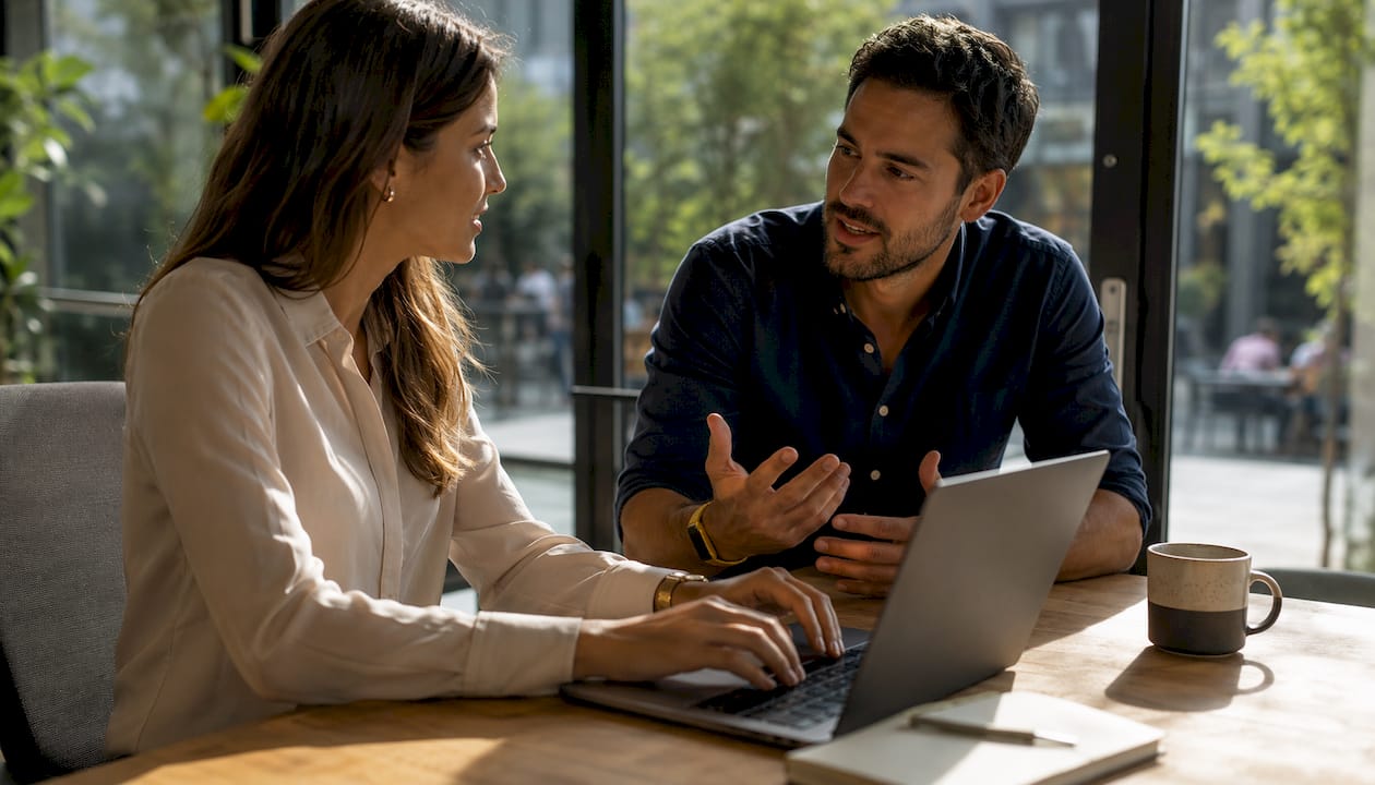 Mitarbeiter diskutieren die Vor- und Nachteile von Wix und Shopify auf ihren Tablets.