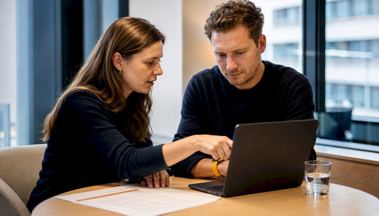 Zwei Kollegen unterhalten sich darüber, wie die Einstellungen für Newsletter-Software im Hinblick auf die DSGVO optimal konfiguriert werden können.