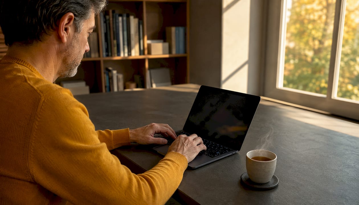 Im Homeoffice tippen Hände auf dem Laptop, während Reiseführer auf dem Schreibtisch liegen.
