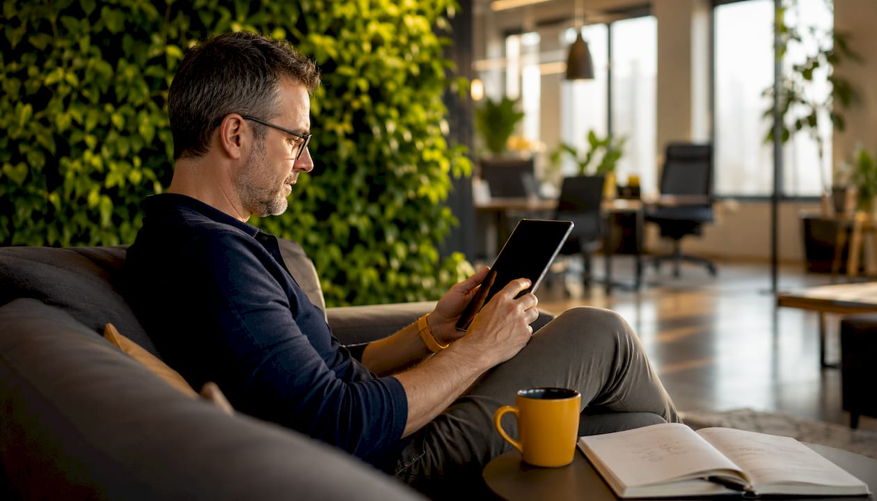 Ein Mann liest im Café auf seinem Tablet die neuesten Newsletter.