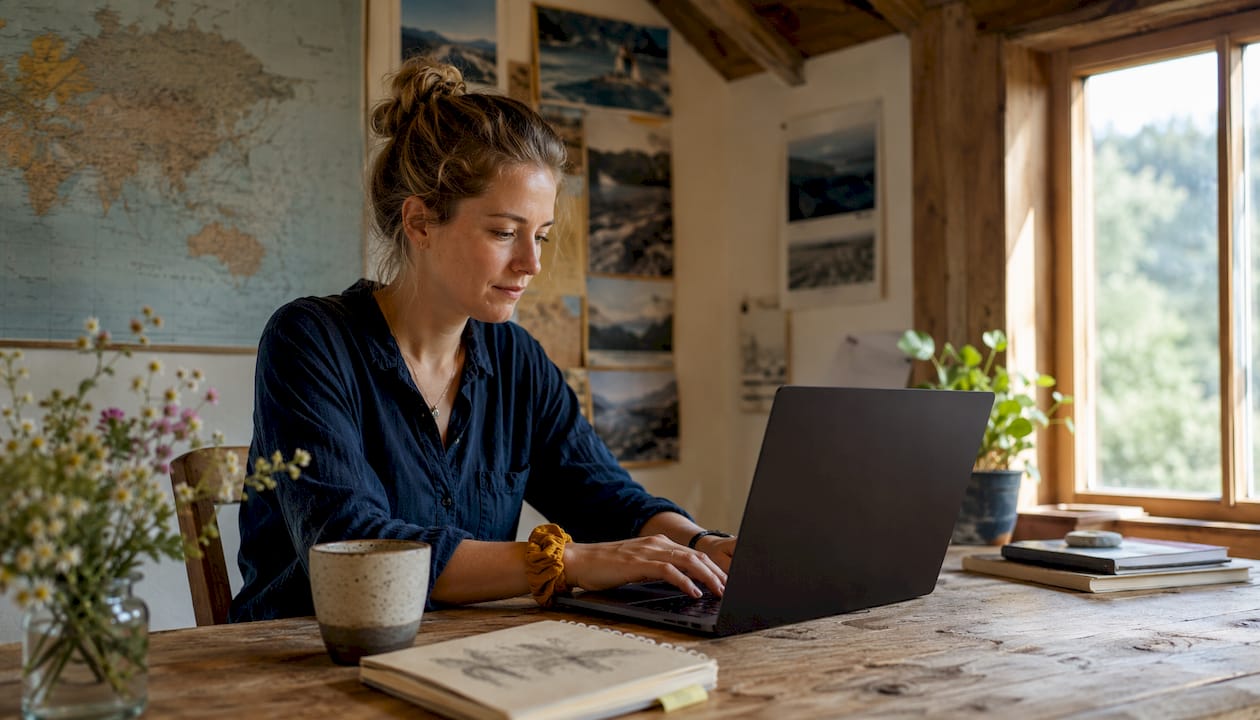 Eine Reisebloggerin tippt an ihrem Laptop den neuesten Newsletter für ihre Leserinnen und Leser.