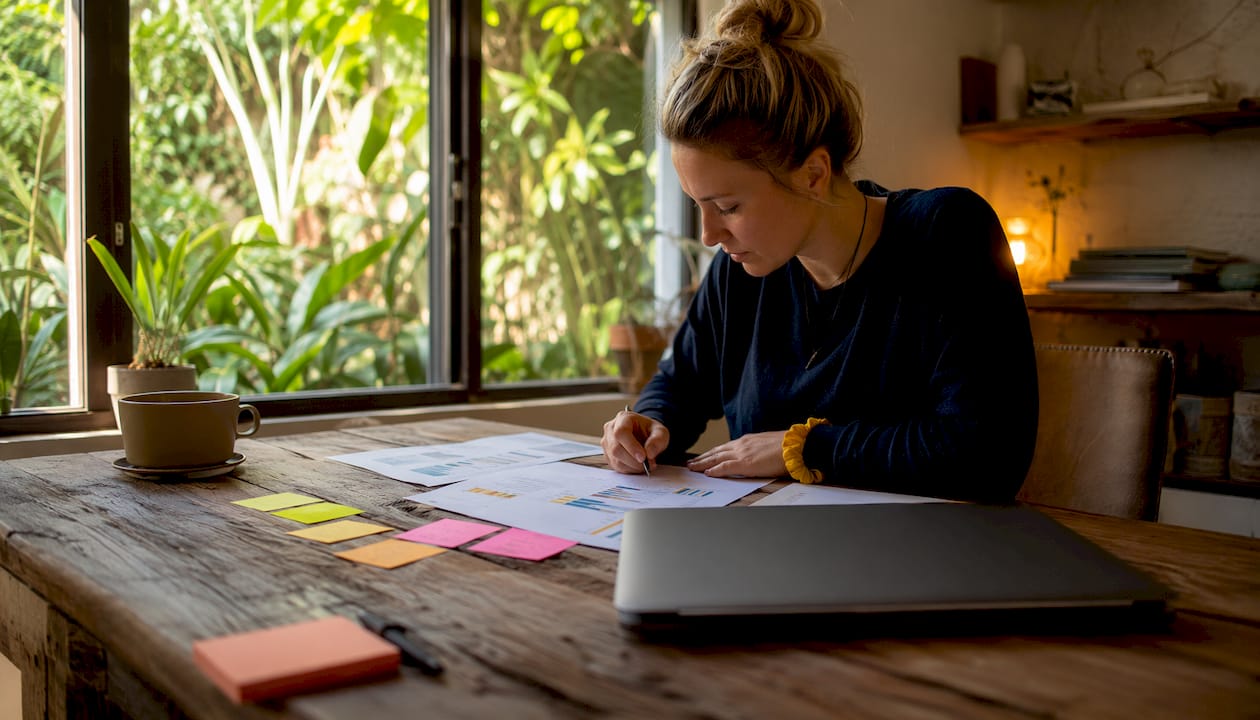 Eine Frau sitzt am Schreibtisch und überlegt, wie sie ihre digitalen Produkte am besten bepreisen kann.