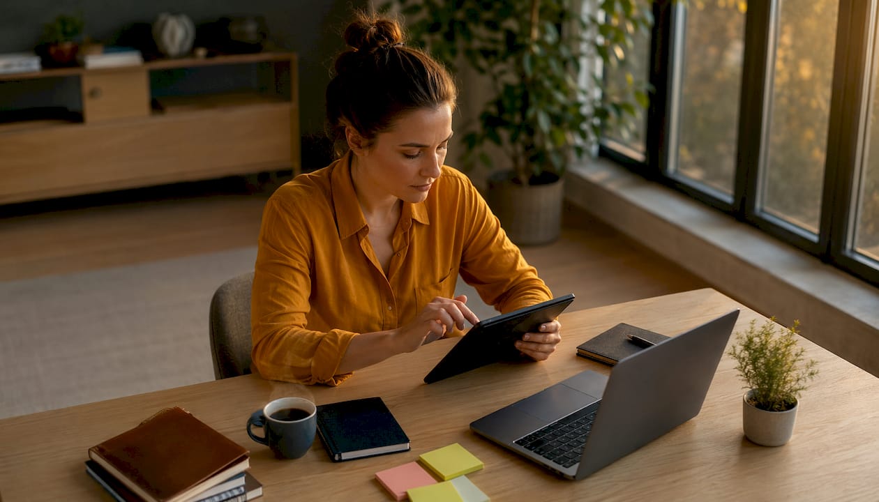 Eine Reisebloggerin arbeitet in ihrem Homeoffice an einem neuen Newsletter, den sie künftig auch monetarisieren möchte.