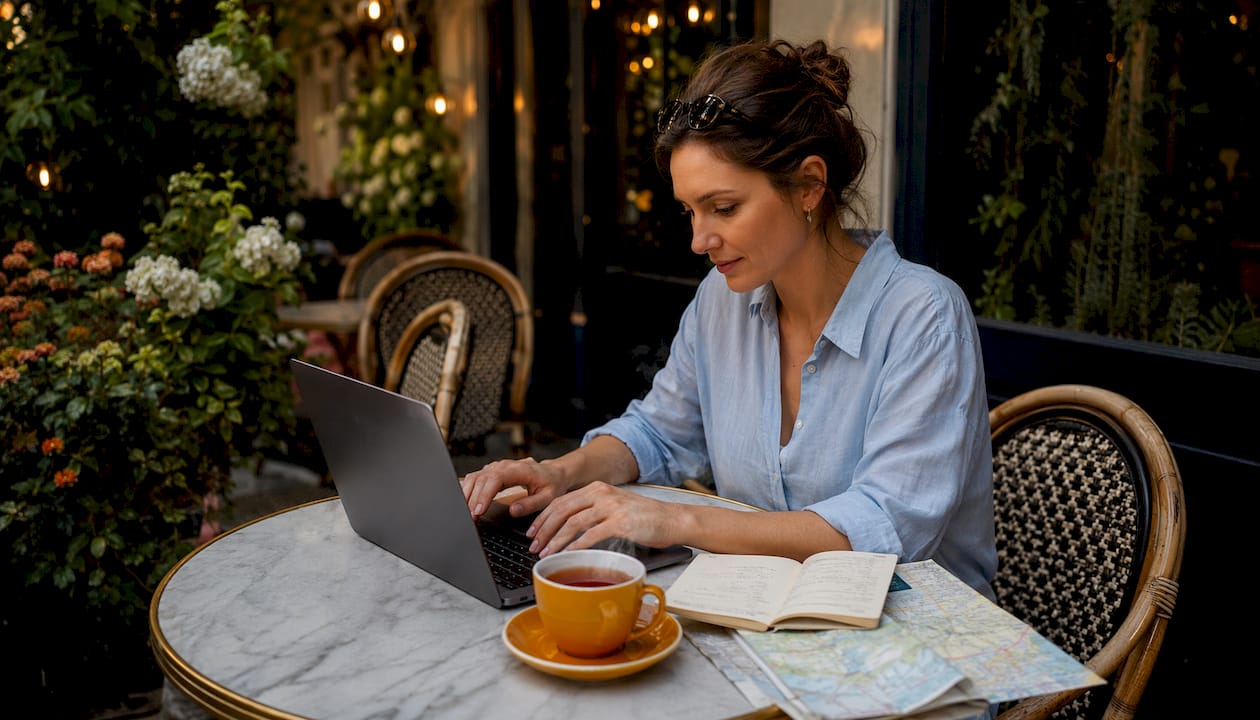 Eine Frau sitzt im Café an ihrem Laptop und verkauft ihr eigenes eBook.