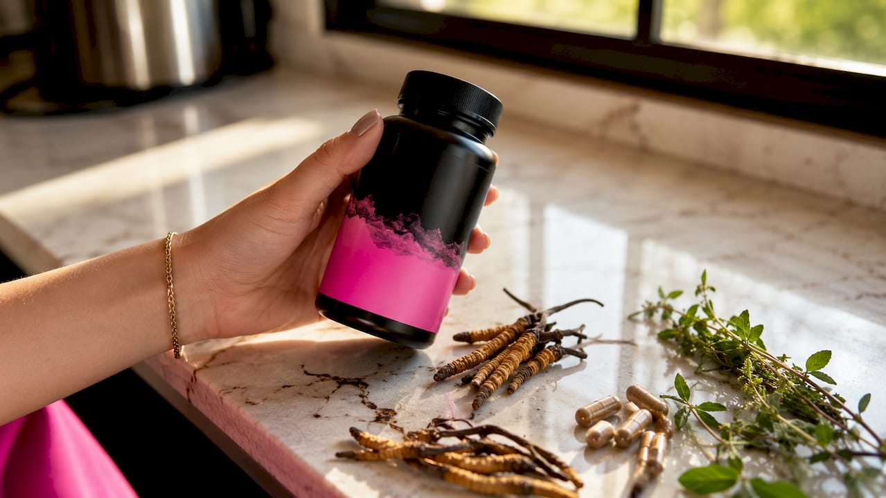 Hand holding cordyceps mushroom supplement capsules
