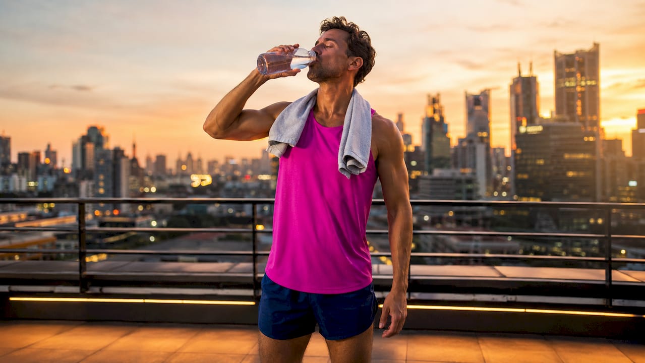 Sporty man hydrating outdoors after exercise