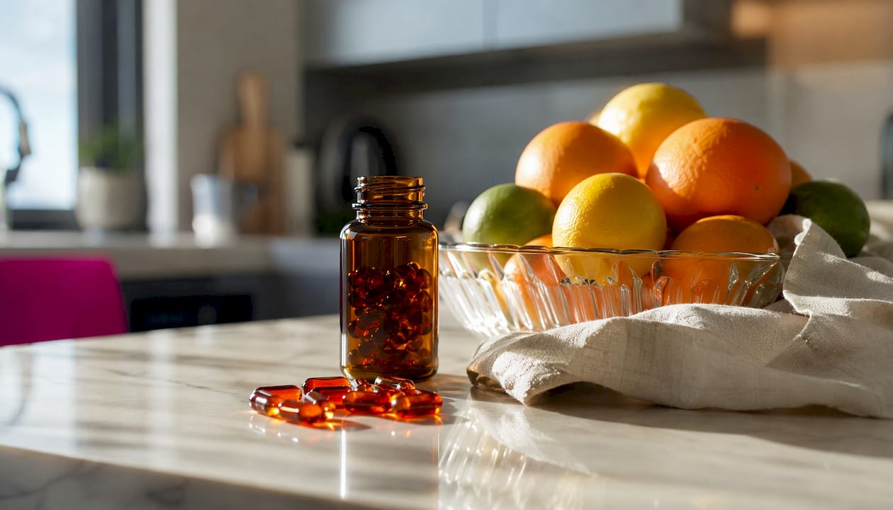CoQ10 supplement bottle with capsules on kitchen counter