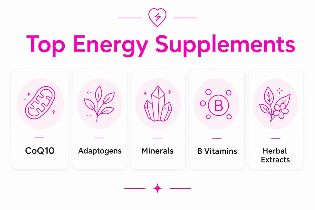 Infographic showing ranked caffeine-free energy supplements