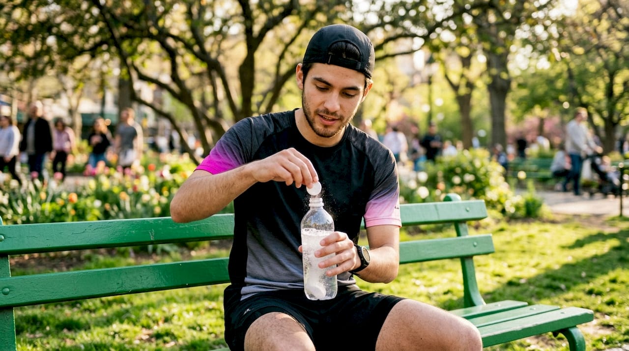 Athlete dropping effervescent electrolyte tab into bottle