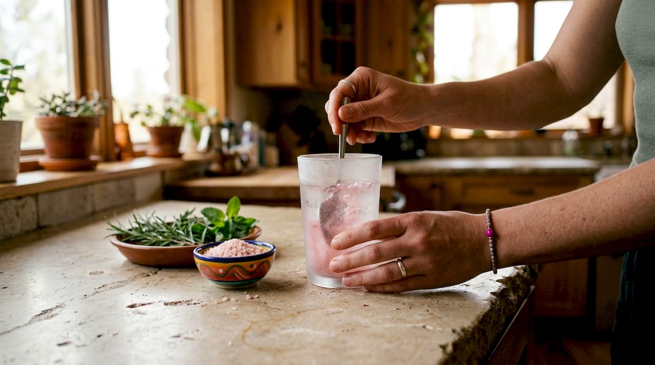 Hands mixing natural mineral salt electrolyte drink outdoors