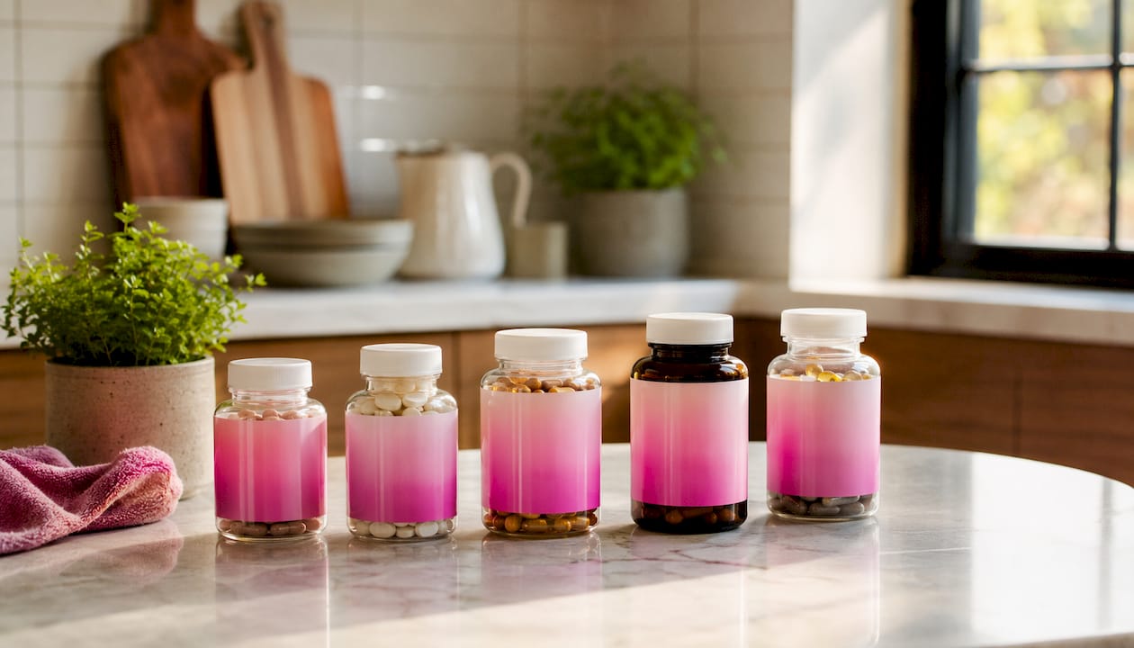 Close-up of various supplement bottles on shelf