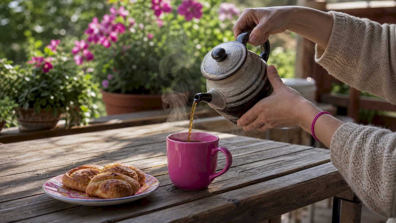 Close-up of hands pouring coffee into mug