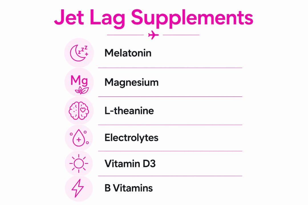Infographic showing key jet lag supplements steps