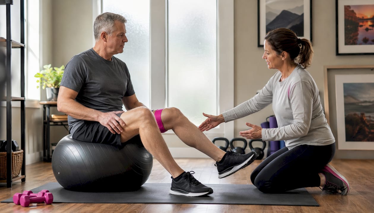 Physiotherapist supporting woman’s knee joint