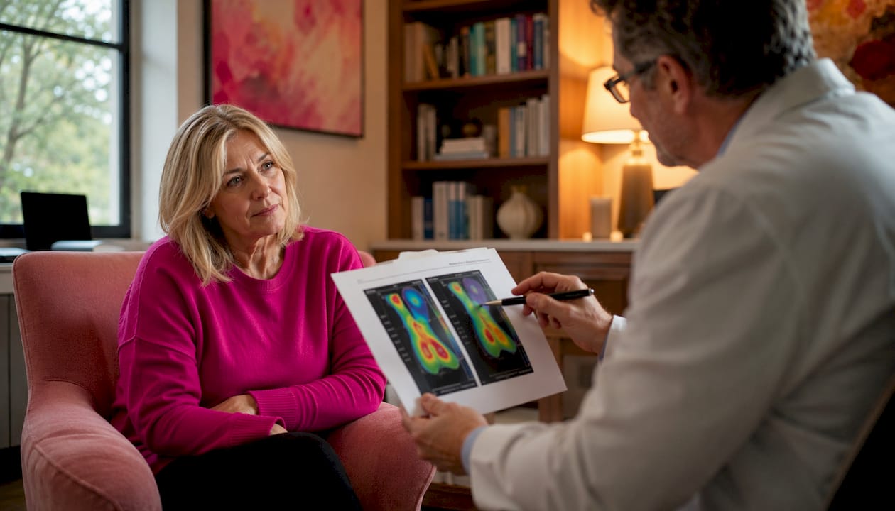 Doctor explaining bone health to woman