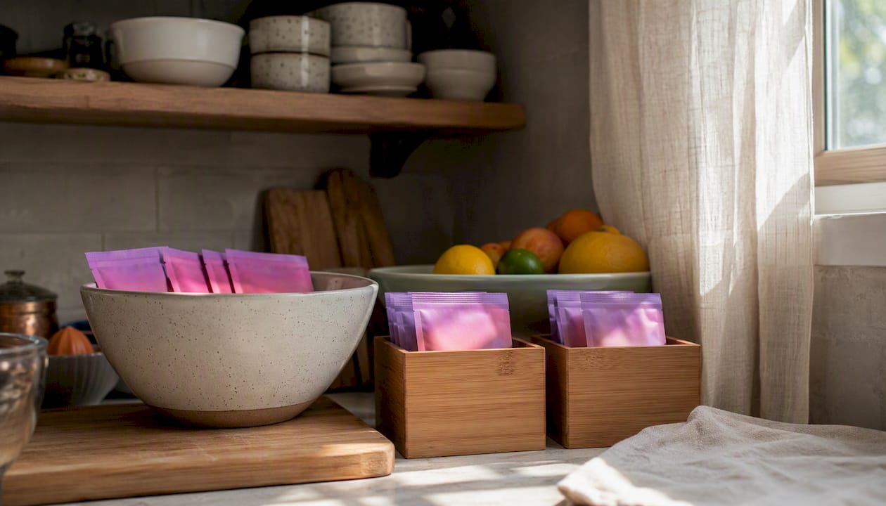 Organized hydration powder packets stored in pantry