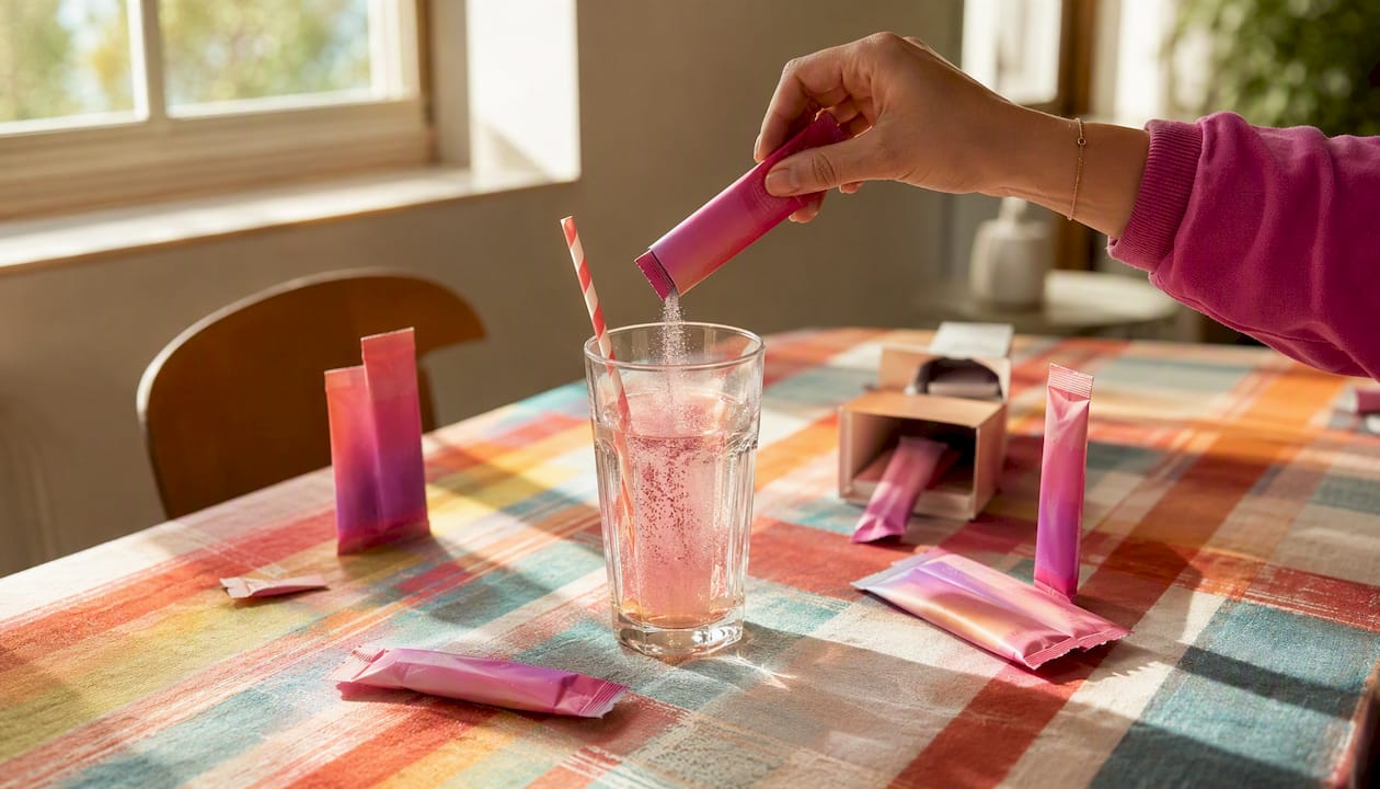 Single-serve hydration powder packets on kitchen counter