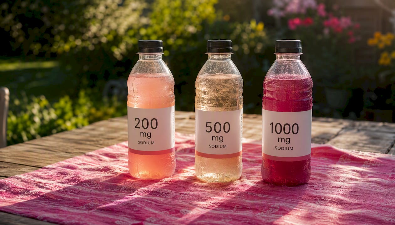 Close-up of hydration labels showing sodium levels